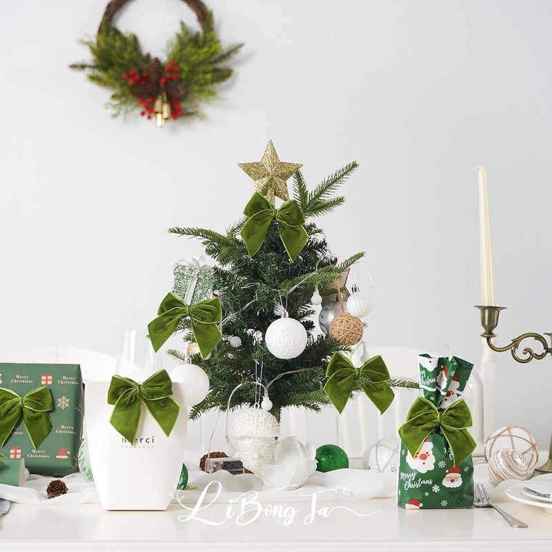 LiBongTa 3.5" Moss Green Bows Velvet Ribbon Bow with Self Adhesive, Small Gift Bows Decor, Light Green Christmas Bows for Treat Bag, Candy Pop, Basket, Party Favor, Craft Bow for Gift Wrapping-24 PCs - Image 4